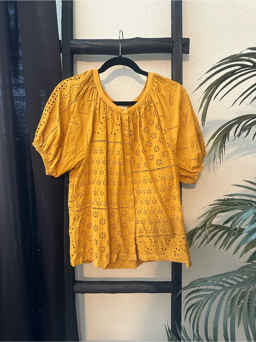 Eyelet Puff Sleeve Blouse in Mustard